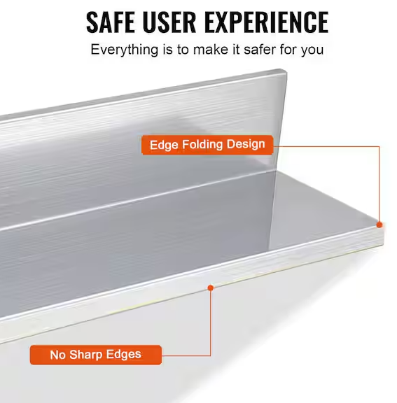 8.6 in. x 24 in. Stainless Steel Shelf, Wall Mounted Floating Shelving with Backsplash, 44 lbs. Load Capacity.Silver. 2 PIECES