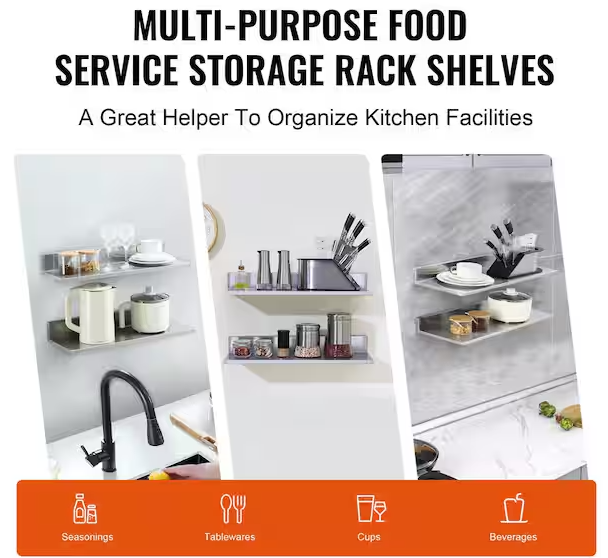 8.6 in. x 24 in. Stainless Steel Shelf, Wall Mounted Floating Shelving with Backsplash, 44 lbs. Load Capacity.Silver. 2 PIECES
