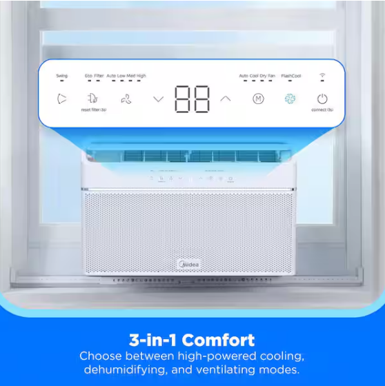 Midea 8,000 BTU U+ Smart Inverter Window AC Cools up to 350 sq. ft. w/ Remote, Sleep Mode, Timer, Wi-Fi, Energy Star in White