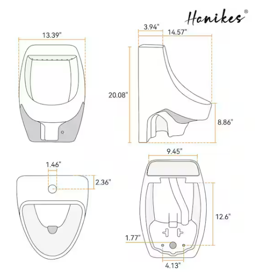 Hanikes 1.0 GPF Urinal with Siphon Jet Flush Action in. White