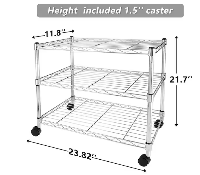Heavy-Duty 3-Shelf Shelving Unit with Wheels, 23.82 in. W x 11.8 in. D x 21.7 in. H 3 Tier Pantry Organizer