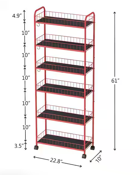6-Tier Rolling Cart Gap Kitchen Slim Slide Out Storage Tower Rack with Wheels in Red