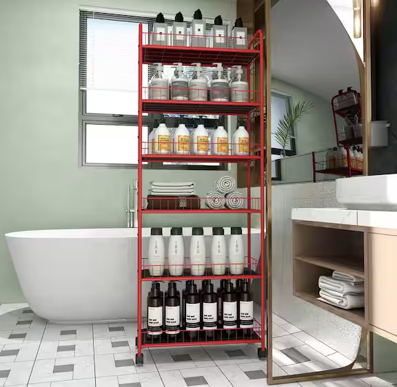 6-Tier Rolling Cart Gap Kitchen Slim Slide Out Storage Tower Rack with Wheels in Red