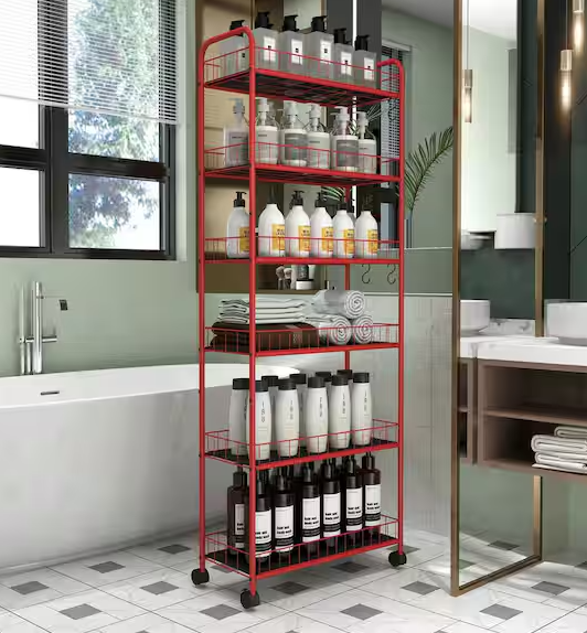 6-Tier Rolling Cart Gap Kitchen Slim Slide Out Storage Tower Rack with Wheels in Red