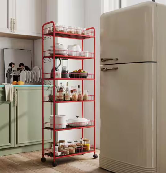 6-Tier Rolling Cart Gap Kitchen Slim Slide Out Storage Tower Rack with Wheels in Red