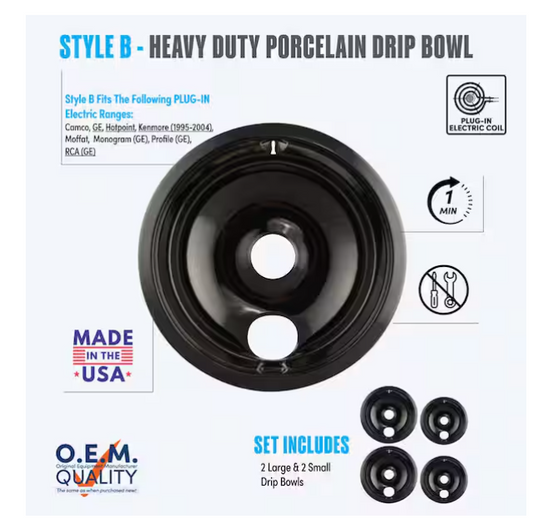 6 in. 2-Small and 8 in. 2-Large Drip Bowl in Black Porcelain (4-Pack)