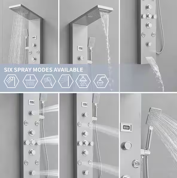 BWE 8-Jet Rainfall Shower Tower Shower Panel System with Rainfall Waterfall Shower Head and Shower Wand in chrome Nickel