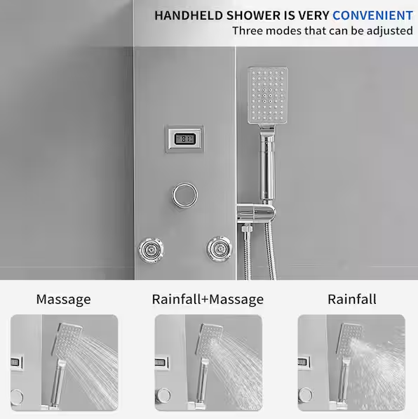 BWE 8-Jet Rainfall Shower Tower Shower Panel System with Rainfall Waterfall Shower Head and Shower Wand in chrome Nickel