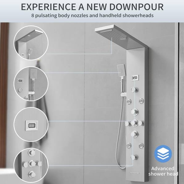 BWE 8-Jet Rainfall Shower Tower Shower Panel System with Rainfall Waterfall Shower Head and Shower Wand in chrome Nickel