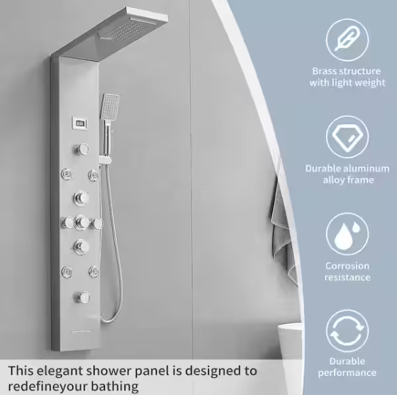 BWE 8-Jet Rainfall Shower Tower Shower Panel System with Rainfall Waterfall Shower Head and Shower Wand in chrome Nickel
