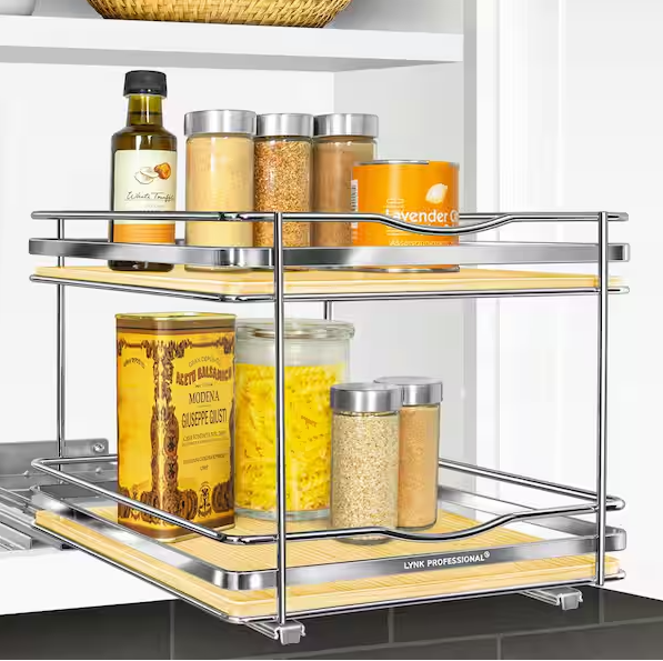 Elite Pull Out Spice Rack Organizer for Cabinet,10-1/4 in. Wide, Double, Wood-Chrome