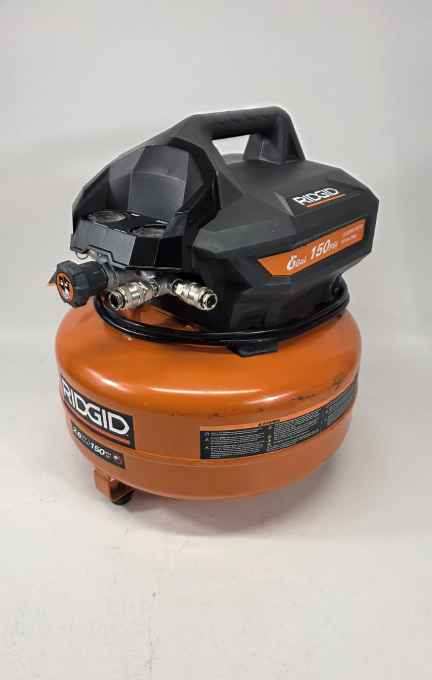 RIDGID 6 Gal. 150 PSI Portable Electric Oil-Free Jobsite Pancake Air Compressor with Dual Pressure Gauges and 2-Quick Couplers