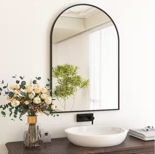 24 in. W x 36 in. H Arched Black Aluminum Alloy Framed Wall Mirror