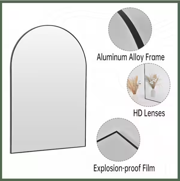 24 in. W x 36 in. H Arched Black Aluminum Alloy Framed Wall Mirror