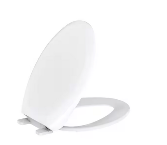 Elongated Soft Close Toilet Seat in White, Heavy-Duty Fade-Resistant Plastic