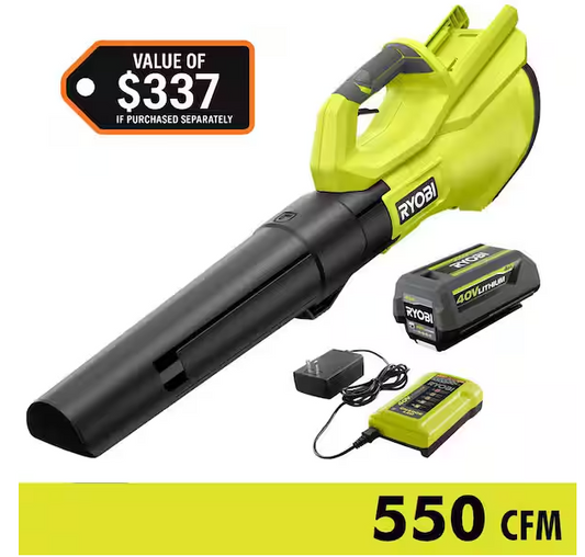 RYOBI 40V 120 MPH 550 CFM Cordless Battery Leaf Blower With 4.0 Ah Battery and Charger