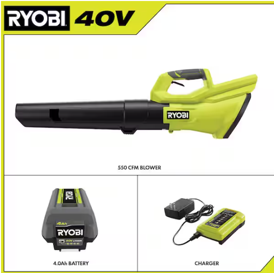 RYOBI 40V 120 MPH 550 CFM Cordless Battery Leaf Blower With 4.0 Ah Battery and Charger