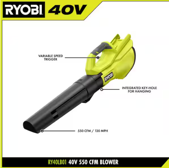 RYOBI 40V 120 MPH 550 CFM Cordless Battery Leaf Blower With 4.0 Ah Battery and Charger