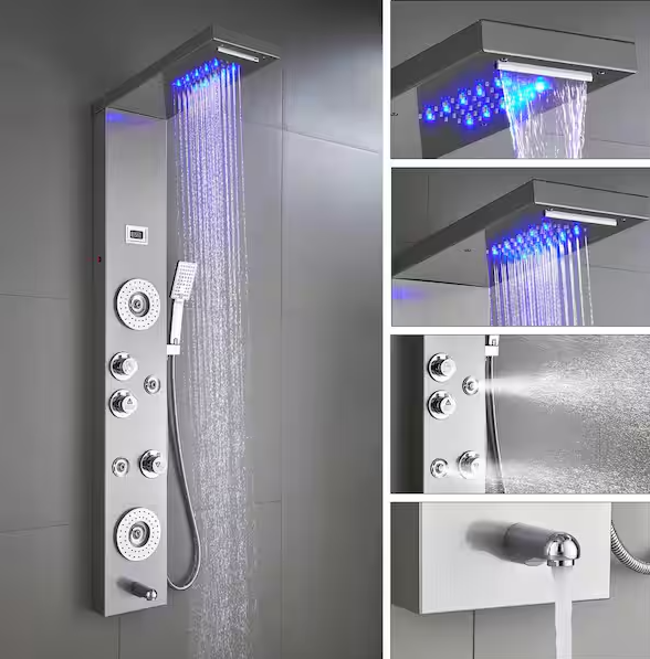 ELLO&ALLO 52 in. 6-Jet Shower Tower Panel System with LED Rainfall Waterfall Shower Head and Tub Spout in Brushed Nicke