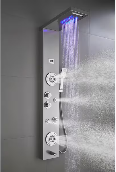 ELLO&ALLO 52 in. 6-Jet Shower Tower Panel System with LED Rainfall Waterfall Shower Head and Tub Spout in Brushed Nicke