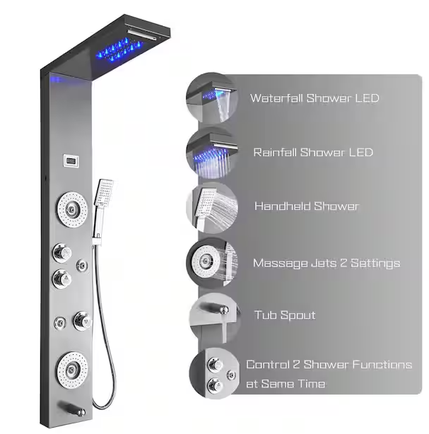 ELLO&ALLO 52 in. 6-Jet Shower Tower Panel System with LED Rainfall Waterfall Shower Head and Tub Spout in Brushed Nicke