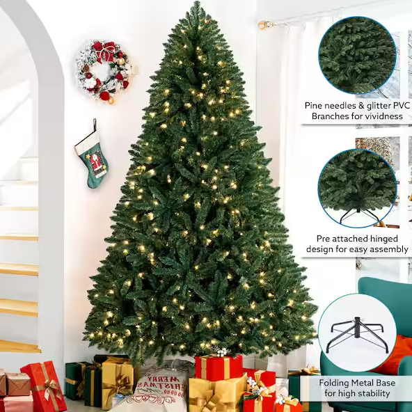 HOMESTOCK 6.5 ft. Spruce Prelit Artificial Christmas Tree with Foot Pedal, 1197 Branch Tips, 450 Warm Lights and Metal Stand