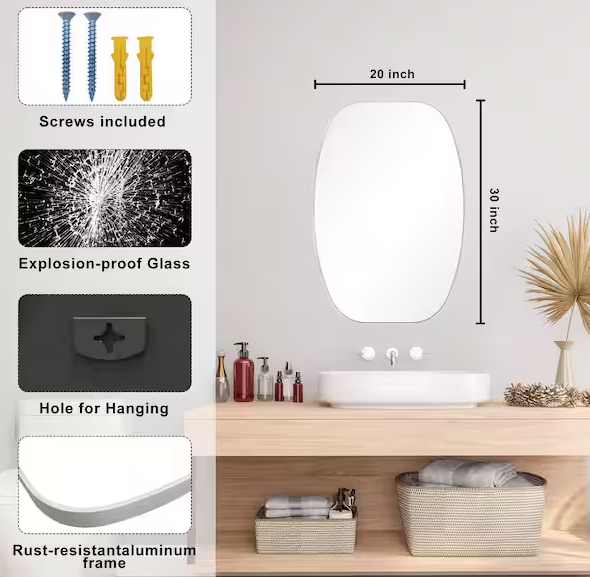 LuxHomez 20 in. W x 30 in. H Modern Oval Aluminum Frame Silver Wall Mirror (Screws Included)