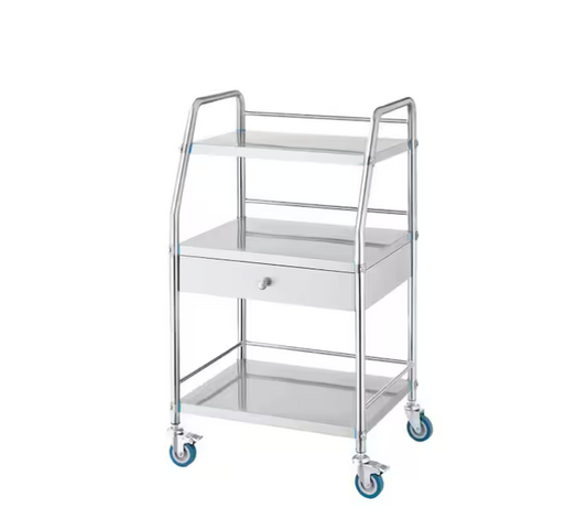 Service Cart, 3 Layers Stainless Steel Utility Rolling Cart, Medical Cart with Drawer, Dental Utility Cart, Wheels