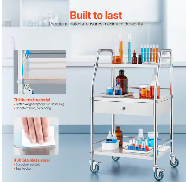 Service Cart, 3 Layers Stainless Steel Utility Rolling Cart, Medical Cart with Drawer, Dental Utility Cart, Wheels