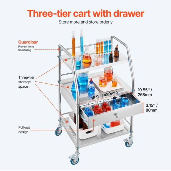 Service Cart, 3 Layers Stainless Steel Utility Rolling Cart, Medical Cart with Drawer, Dental Utility Cart, Wheels