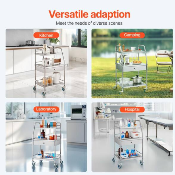 Service Cart, 3 Layers Stainless Steel Utility Rolling Cart, Medical Cart with Drawer, Dental Utility Cart, Wheels