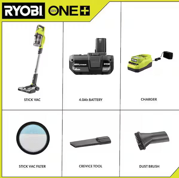 RYOBI ONE+ 18V Cordless Stick Vacuum Cleaner Kit with 4.0 Ah Battery and Charger