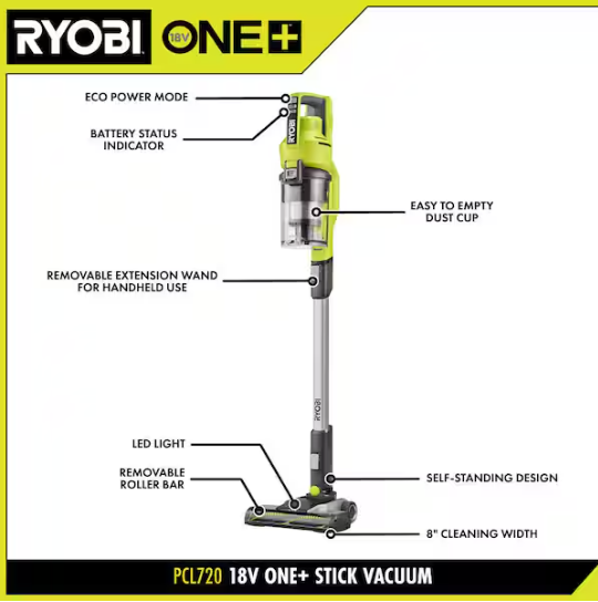 RYOBI ONE+ 18V Cordless Stick Vacuum Cleaner Kit with 4.0 Ah Battery and Charger