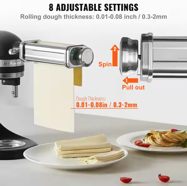 VEVOR Stainless Steel Pasta Roller Cutter Attachment KitchenAid Stand Mixer 8 Adjustable Thickness Knob Pasta Maker (1-Pieces)