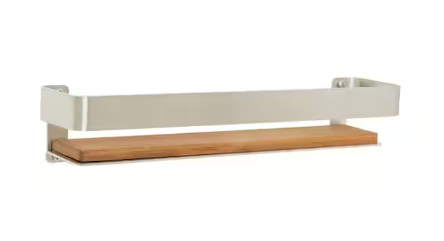 SEACHROME 18 in. x 4 in. Rectangular Shower Shelf with Rail in Satin and Natural Teak Wood Insert