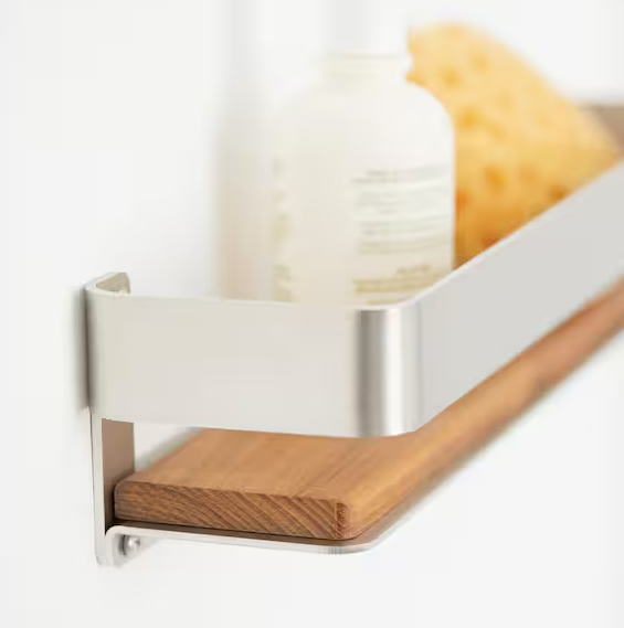 SEACHROME 18 in. x 4 in. Rectangular Shower Shelf with Rail in Satin and Natural Teak Wood Insert