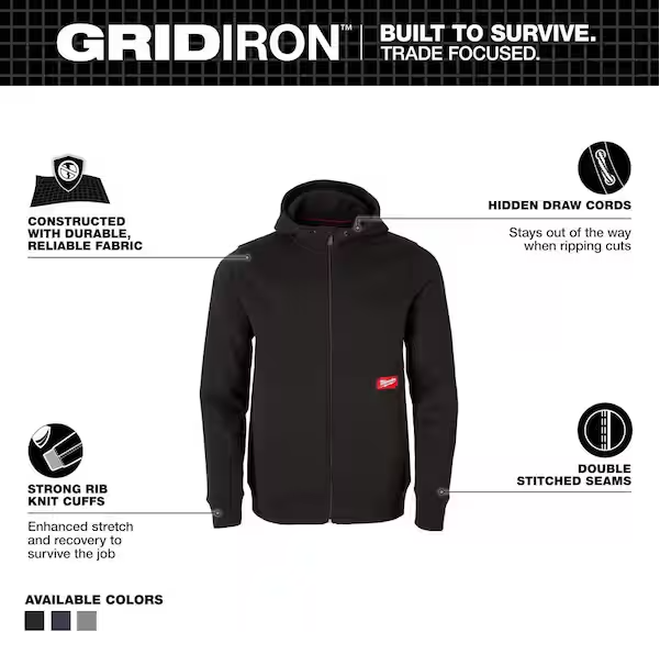 Milwaukee Men's X-Large Black GRIDIRON Full-Zip Hoodie