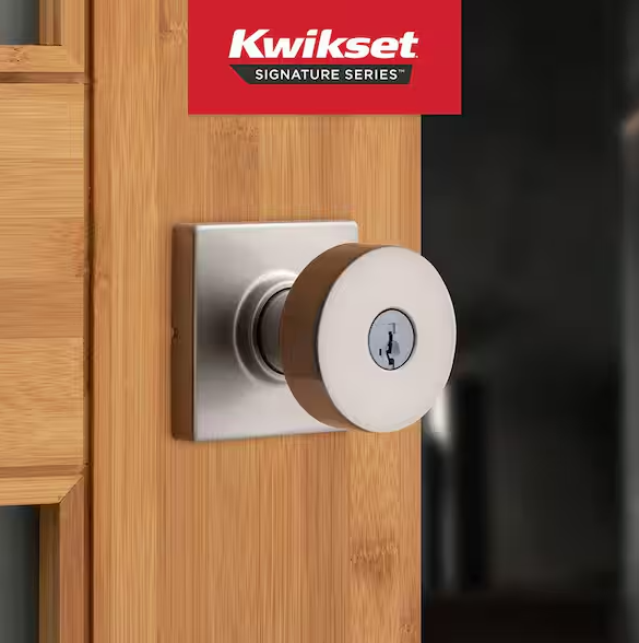 Kwikset Pismo Satin Nickel Keyed Entry Square Door Knob featuring SmartKey Technology