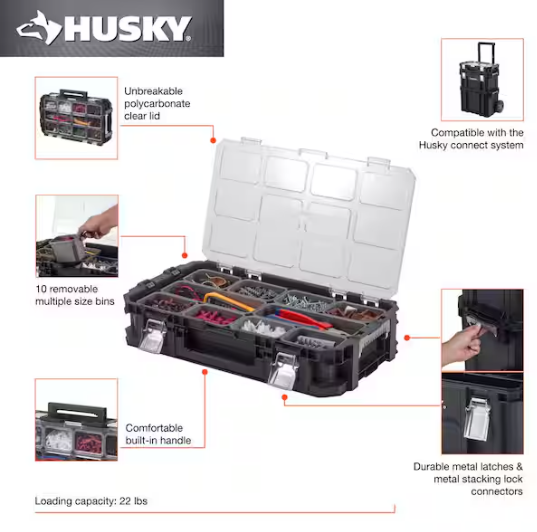 Husky Connect Stackable Portable Heavy Duty Lightweight 10-Compartment Small Tool and Parts Organizer