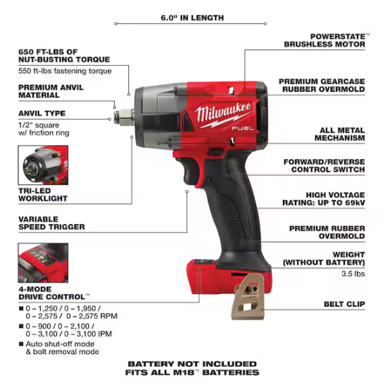 Milwaukee M18 FUEL Gen-2 18V Lithium-Ion Brushless Cordless Mid Torque 1/2 in. Impact Wrench w/Friction Ring (Tool-Only)