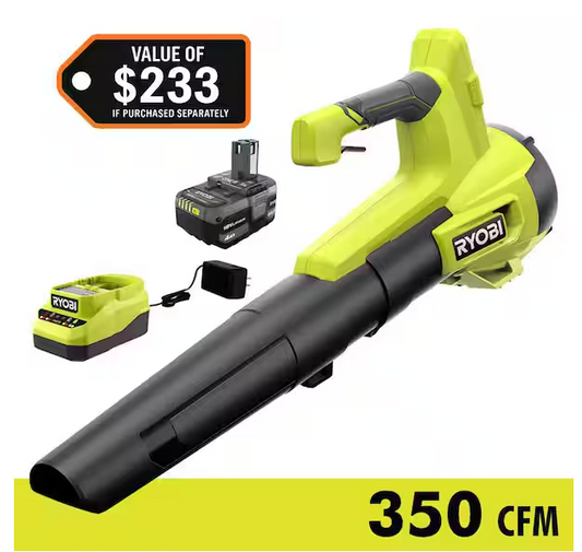 RYOBI ONE+ 18V 100 MPH 350 CFM Cordless Battery Variable Speed Jet Fan Leaf Blower with 4.0 Ah Battery and Charger