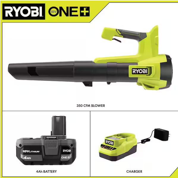 RYOBI ONE+ 18V 100 MPH 350 CFM Cordless Battery Variable Speed Jet Fan Leaf Blower with 4.0 Ah Battery and Charger