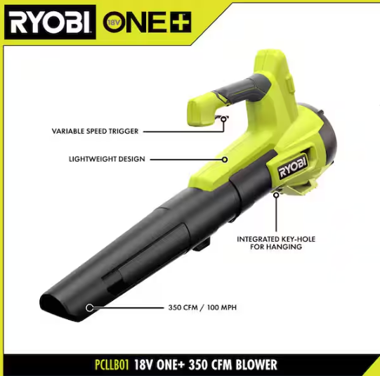 RYOBI ONE+ 18V 100 MPH 350 CFM Cordless Battery Variable Speed Jet Fan Leaf Blower with 4.0 Ah Battery and Charger