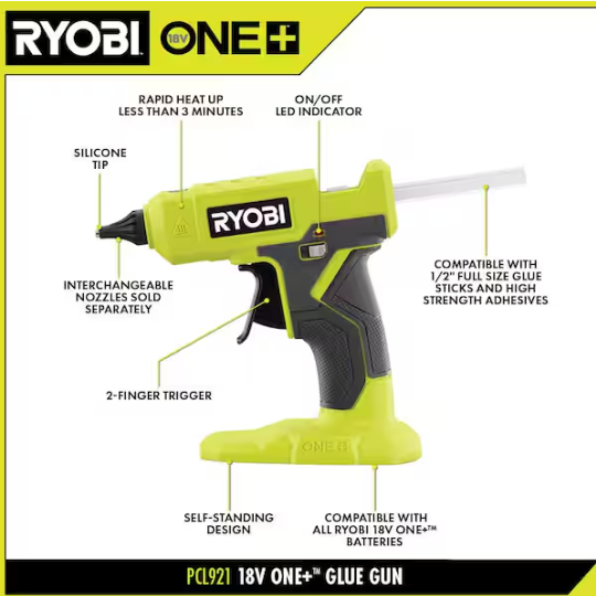 RYOBI ONE+ 18V Cordless Glue Gun (Tool Only) with (3) General Purpose Glue Sticks
