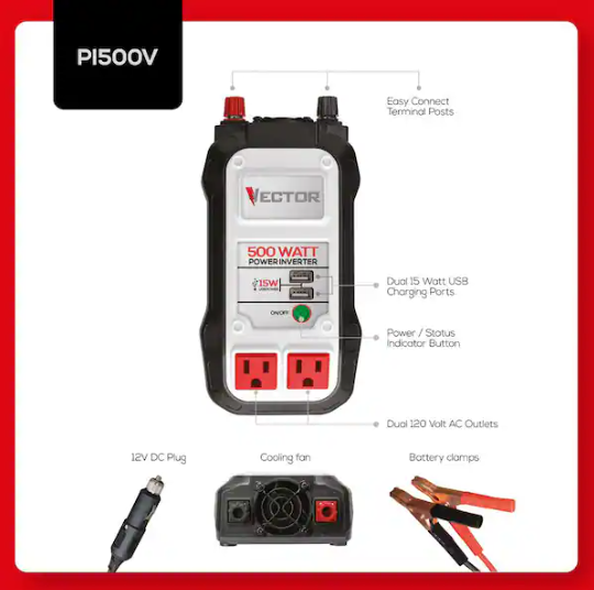VECTOR 500 Watt Power Inverter, Dual Power Inverter, Two USB Charging Ports