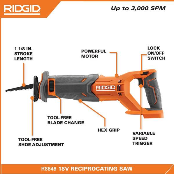 RIDGID 18V Cordless Reciprocating Saw Kit with 4.0 Ah Battery and Charger