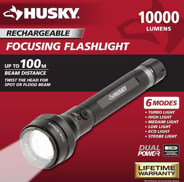 Husky 10000 Lumens Dual Power Focusing Aluminum Rechargeable Flashlight