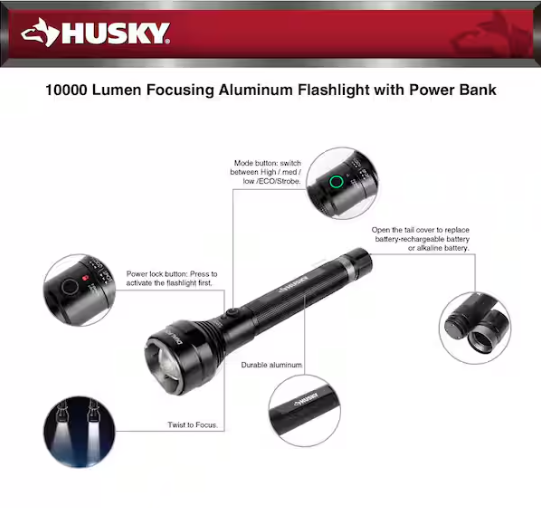 Husky 10000 Lumens Dual Power Focusing Aluminum Rechargeable Flashlight