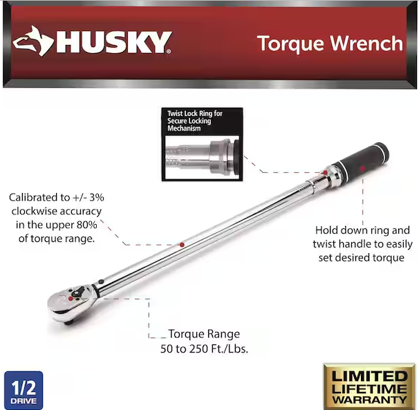 Husky 1/2 in. Drive Torque Wrench 50 ft. / lbs. to 250 ft. / lbs.