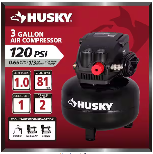 Husky 3 Gal. 120 PSI Portable Electric Oil-Free Light Duty Pancake Air Compressor with Fold Down Handle and 1-Quick Coupler